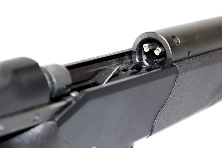 Close-up view of Blaser R8 receiver shown on white background.