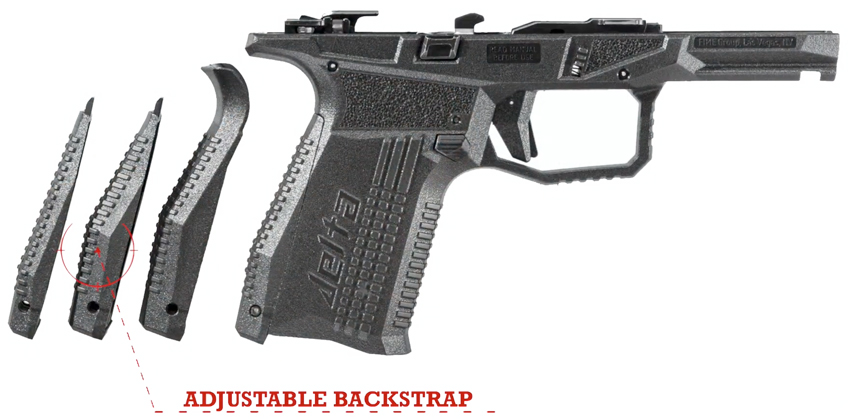 black pieces handgun pistol frame with text noting ADJUSTABLE BACKSTRAP