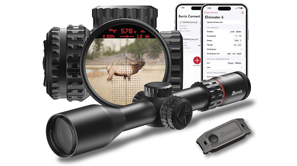 Burris Eliminator 6 riflescope with phone app shown remote and internal view with crosshairs reticle over bull elk at 578 yards