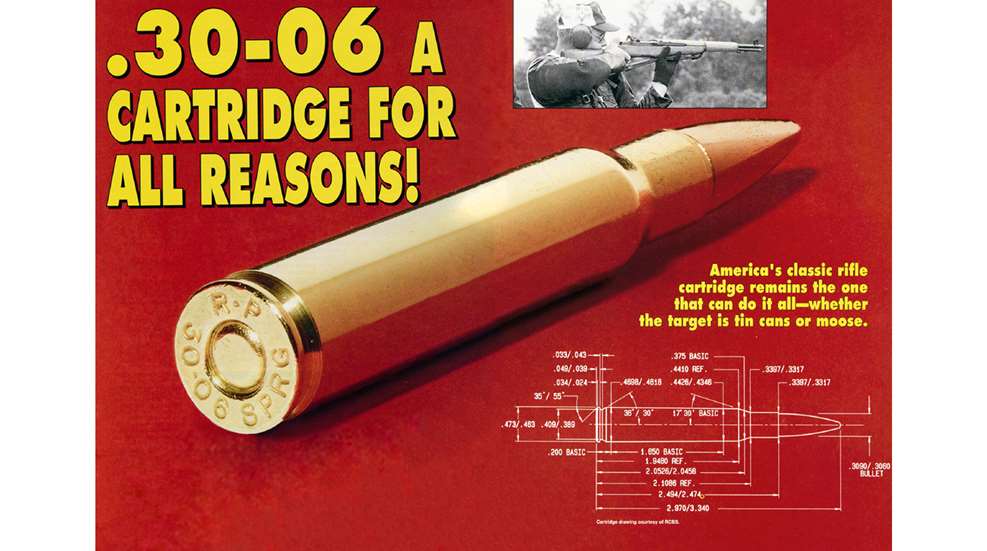 Magazine centerfold .30-'06 Springfield ammunition story cartridge brass bullet schematic drawing text on image man shooting M1 Garand.