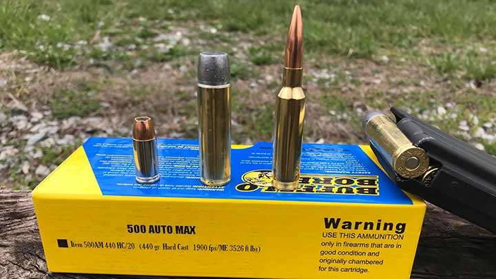 115 grn. 9 mm (left), 440 grn. Buffalo Bore Hard Cast .500 Auto Max (center) and 140 grn. 6.5 mm Creedmoor (right).