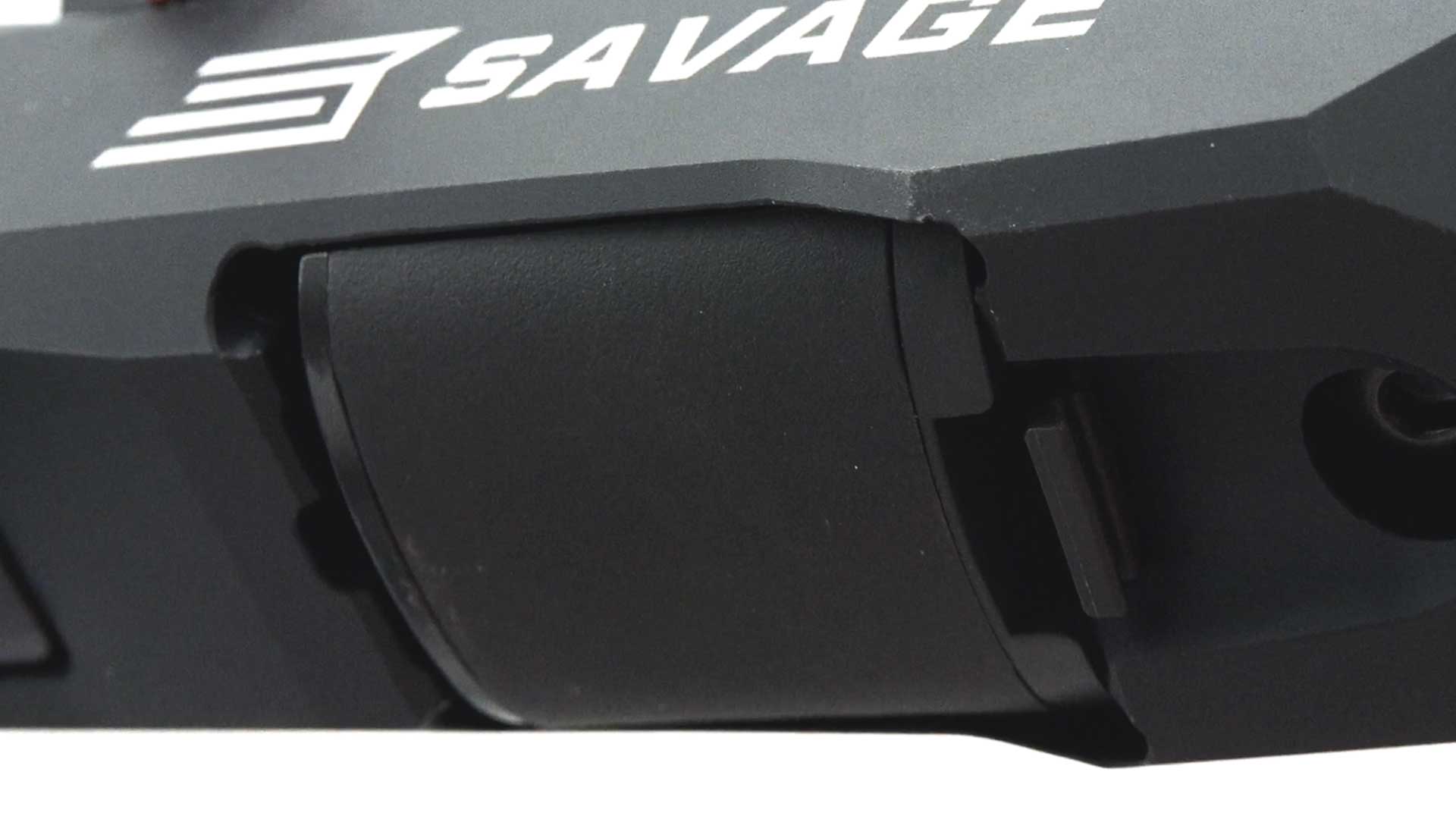 underside view of Savage A22 Precision rifle black stock magazine tab metal plastic gun parts