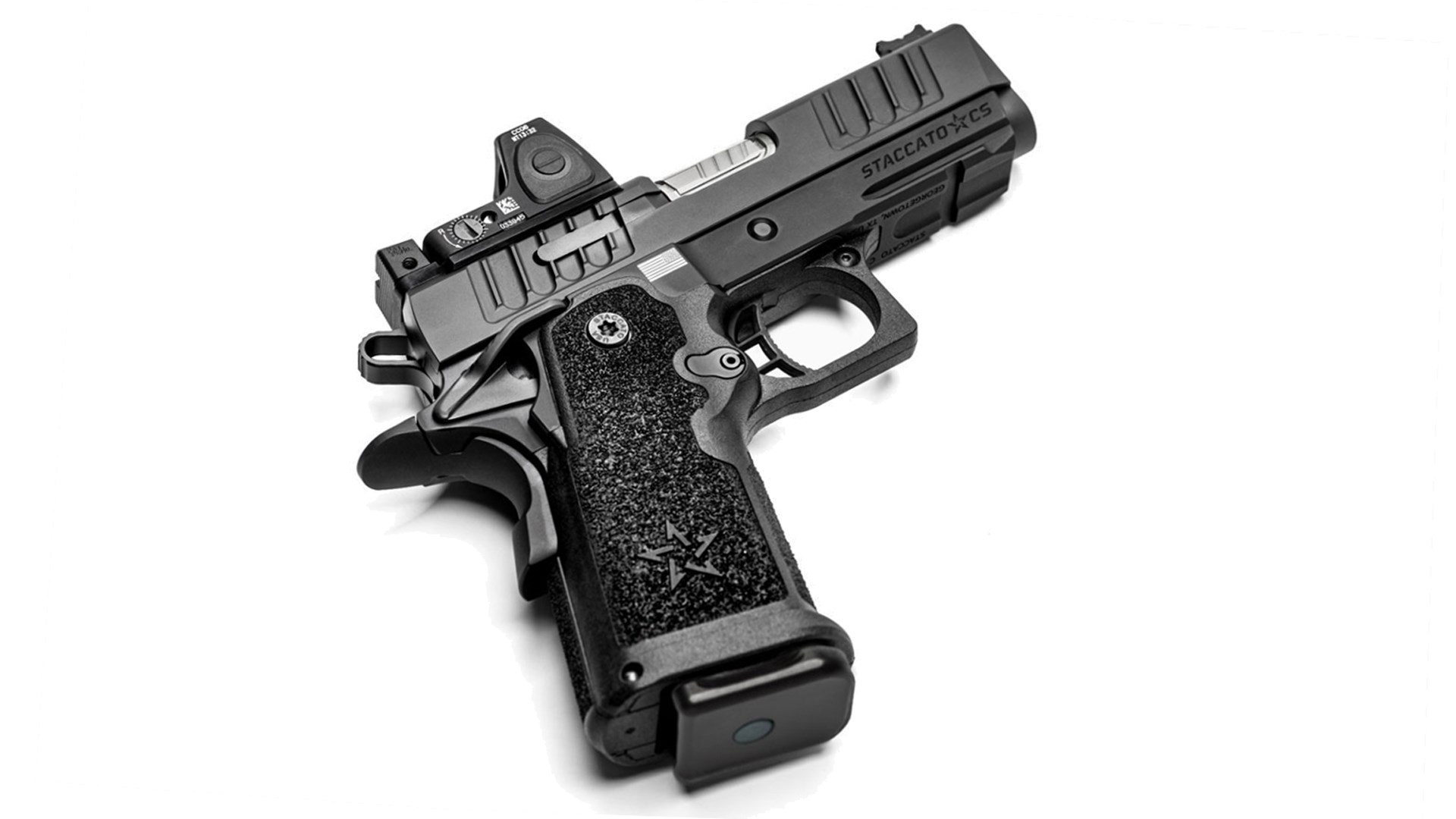 Staccato CS pistol handgun quartering view on white background black gun 9 mm pistol